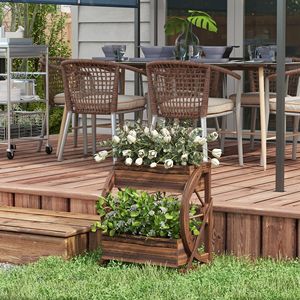 Classic 22\" X 13\" X 22\" Wooden Wagon Planter Box 2-Tier Raised Garden Bed for <b>Vegetables</b> Flowers Herbs Square Flower <b>Pot</b> - Product Image 2