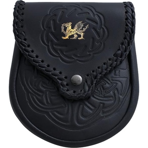 Sporran de Cuero Negro Premium con Diseño Celta Grabado, Borde Trenzado y Emblema de Dragón Dorado, Accesorio Tradicional para Kilt Escocés - Product Image 1