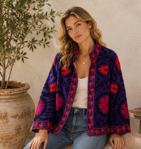 Festival Look Handmade Suzani Embroidered Jacket Black Boho <b>Coat</b> Vintage Ethnic Outerwear Luxury Statement Blazer For <b>Women</b> - Product Image 2