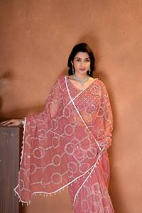 Sari de lujo rosa cebolla con red, bordado pesado de lentejuelas plateadas, diseño Bollywood, para fiestas de boda de verano indias, elástico - Product Image 5