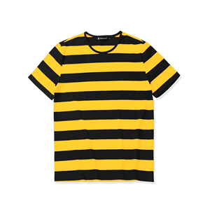 Camiseta de Manga Corta a Rayas para Hombre, Cuello Redondo, Corte Regular, Tejida, Informal, con Estampado Negro y Amarillo - Product Image 1