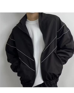 Men's Black Fleece <b>Racer</b> <b>Jacket</b> Stand Collar Batwing Sleeve Zipper Closure Sporty Loose Fit Autumn Wear - Product Image 6