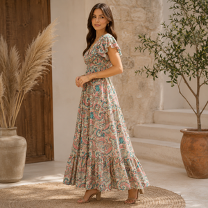 Bohemian Paisley Print Maxi Dress for Women | Flutter Sleeve Deep V Neck Smocked Waist Summer Beach Holiday Party Long Elegant - Product Image 3