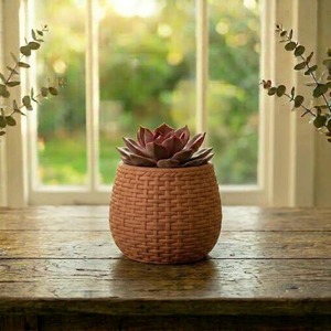 Ensemble de 3 pots à succulentes en résine rustique, pots tressés pour décoration de bureau intérieure, couleurs blanc, marron, terre cuite, provenant d'Inde - Product Image 4