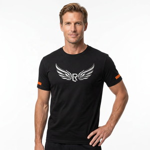 T-shirt noir à manches courtes pour homme avec logo blanc et manches orange, coupe classique, jersey décontracté, tricoté, respirant - Product Image 4