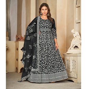 Traje Anarkali azul para mujer, de alta demanda, con mangas 3/4, de tela Santoon, semicosturado, para fiestas y bodas. - Product Image 1