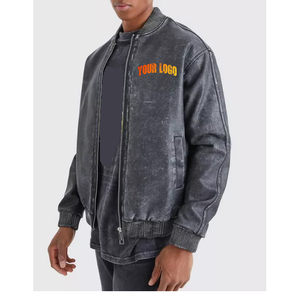 High Quality <b>Men's</b> Washed Polyester <b>Bomber</b> <b>Jacket</b> Stand Collar Zipper Closure Embroidery Logo Front Casual Autumn Wear Solid - Product Image 4
