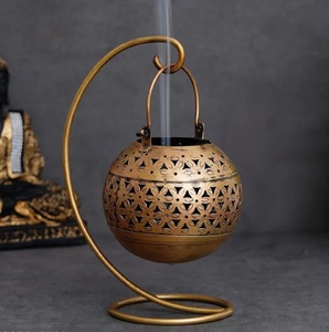 Vintage <b>Brass</b> Round Hanging Incense Burner With Floral Cutouts For Religious Activities Heat Resistant Lantern Candle <b>Holder</b> - Product Image 1