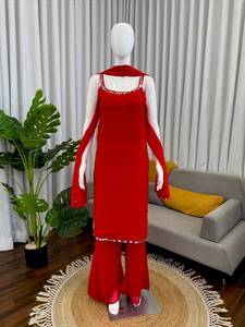 Conjunto de Salwar Kameez de Georgette Rojo en Oferta, con Trabajo de Espejo Real, Traje Tradicional Indio Pakistaní para Mujer, para Bodas y Fiestas - Product Image 1