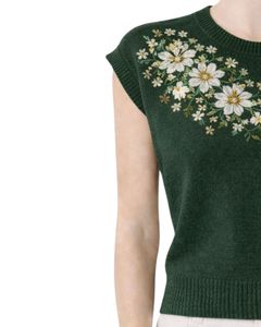 Gilet d'été décontracté et élégant pour femme, vert foncé personnalisé, sans manches, en tricot, avec broderie florale, col rond, doux et léger - Product Image 3