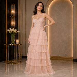 Luxury Blush Pink Tiered Tulle Ball Gown for Women | 3D Floral Embellished Party Dress | Elegant Wedding & Reception Wear Dress - Product Image 3