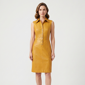 Women Leather Sleeveless Dress Turn-Down Collar Button Up Sleeveless Leather Long Dresses Top Women's - Product Image 1