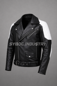 Blouson de motard en cuir bicolore pour homme avec fermeture éclair asymétrique, options de panneaux contrastants et de passepoil, col large et taille ceinturée, style Perfecto - Product Image 2