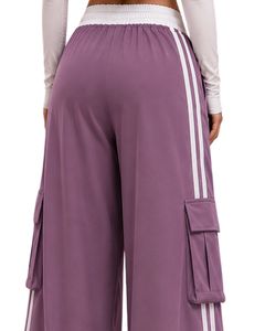 Pantalon cargo ample violet lavande pour femme, taille haute, avec cordon de serrage, poches latérales, style décontracté streetwear - Product Image 5