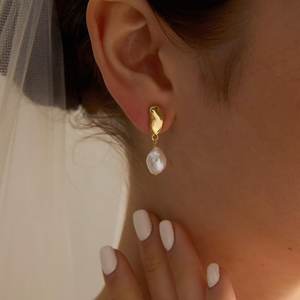 Gold Baroque Pearl Drop Earrings Minimalist Freshwater Pearl Jewelry Wedding Bridal Bridesmaid Gift Elegant - Product Image 4