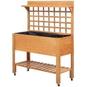 Fioriera Classica in Legno Marrone con Ripiano e Ruote, Letto Rialzato da Giardino per Decorazione di Casa, Giardino e Balcone, per Verdure e Fiori - Product Image 1