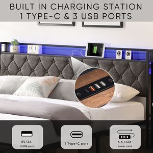 King <b>Bed</b> <b>Frame</b> with LED Charging Station Headboard Upholstered <b>Platform</b> <b>Bed</b> on Heavy Metal Slats No Box Required - Product Image 2