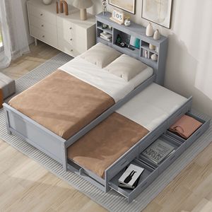Cama Plataforma Tamaño Individual con Cabecera con Almacenamiento y Carga USB, Cama Nido con 3 Cajones en Gris, Cama Gris con Almacenamiento y Carga USB - Product Image 4