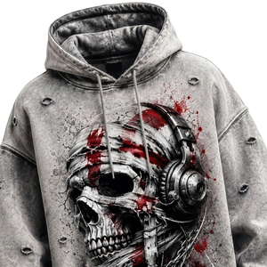 Sweat-shirt à capuche personnalisé pour homme, en coton épais, délavé à l'acide, effet vieilli et déchiré, avec motif crâne et écouteurs, coupe oversize, style vintage grunge - Product Image 5