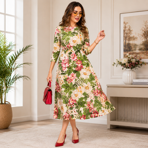 Robe midi Bohobi Premium luxueuse à imprimé floral, col rond, manches trois quarts, coupe trapèze, style décontracté streetwear, pour le printemps, en coton tissé - Product Image 3
