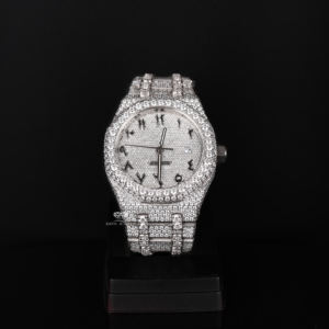 Full Iced Out Moissanite Diamond White Tone Automatic Watch Luxury Hip Hop Stainless Steel Round Arabic Dial Mens WristWatch - Product Image 1