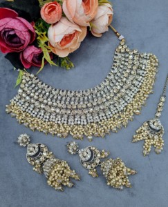 Heavy Ethnic CZ Studded Bridal Choker <b>Set</b> With Pearl Drop Accents Matching Earrings & Mangtika Antique Gold Plated <b>Jewellery</b> <b>Set</b> - Product Image 1