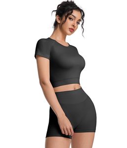 Women 2 Piece Yoga Set Solid Black <b>Crop</b> <b>Top</b> High Waist Shorts Breathable Workout Outfit Crew Neck Short Sleeve Shirt And Short - Product Image 2