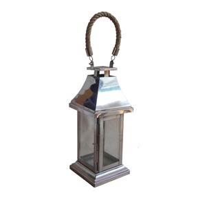 Lanterne à bougie carrée en métal argenté avec poignée en corde, panneau hexagonal en verre, cadre en fer, décoration de centre de table - Product Image 2