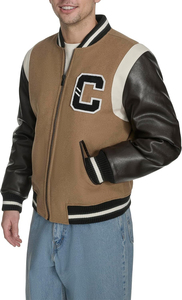 <b>Men's</b> Brown Bomber <b>Jacket</b> PU <b>Leather</b> Sleeves Solid Color Zipper Closure Casual Style Autumn Wear Regular Fit Turn-down Collar - Product Image 3