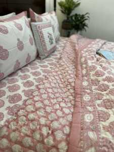 Beautiful Luxury Hand-block Printed Cotton Jaipuri <b>Quilt</b> Set Pink Pomegranate Floral AC Dohar & <b>Bedding</b> Set For Women And Girl - Product Image 1