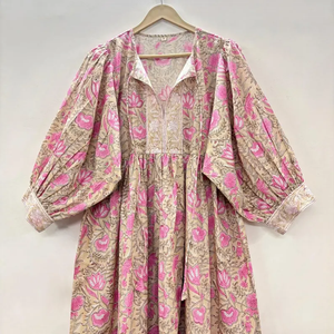 Vestido Casual Midi para Mujer, Tejido 100% Algodón, Liso, Manga Corta, Cintura Imperio, Estilo Babydoll, Cuello en V, Holgado, Funcional - Product Image 1