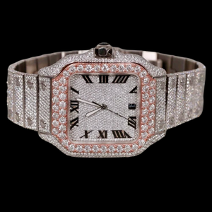 Top High Quality Two Tone Moissanite Quartz Movement <b>Watch</b> Square Glass Dial roman Numerals Pave Setting Brilliant Cut <b>Diamond</b> - Product Image 1