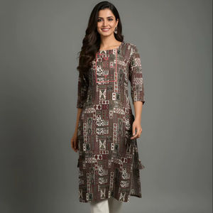 Kurti droit en coton imprimé marron pour femme, longueur normale, col rond, manches trois quarts, entièrement cousu, haut ethnique traditionnel - Product Image 1