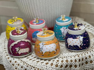 Set 6 4-Inch Enamel Printed Pichwai Cow Jars Glossy Finish Dishwasher <b>Safe</b> <b>Large</b> Capacity Decorative Metal Storage Jars Lid - Product Image 2