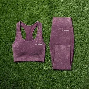 Women Plum Purple Acid Wash Yoga Set <b>Racerback</b> Sports <b>Bra</b> High Waist Leggings Gym Fitness Workout Activewear - Product Image 6