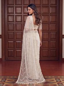 Sari de Boda Tradicional Indio con Diseño Étnico y Elegante, con Material de Red Pesada, Bordado y Lentejuelas, para Mujer, Estilo Moderno - Product Image 4