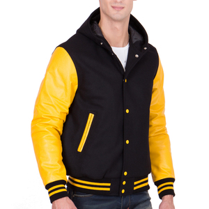 Mens Black and Yellow Hooded Varsity Jacket Yellow Leather Sleeves Letterman Bomber Jacket Casual Baseball Style Winter <b>Warm</b> Coa - Product Image 3