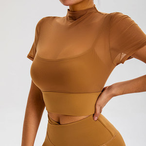 Custom Wholesale Plus Size Womens Athletic Compression Breathable Quick Dry Crop <b>Top</b> <b>Elastic</b> Fitted <b>Hem</b> Half Sleeve Crew Neck - Product Image 4