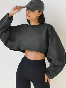 Top Corto Casual de Manga Larga con Cuello Redondo para Mujer, Tejido de Poliéster Transpirable, Corte Holgado, Otoño/Invierno - Product Image 2