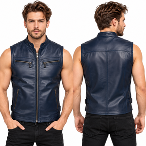 Chaleco de cuero genuino para hombre, estilo motociclista, con cuello alto, bolsillos con cremallera en el pecho, sin mangas. - Product Image 4