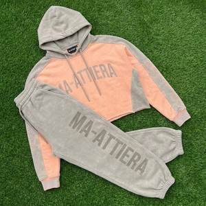 Custom Women Two Tone <b>Cropped</b> Hoodie <b>Jogger</b> Set Cotton Fleece Casual Streetwear Tracksuit OEM Wholesale - Product Image 5