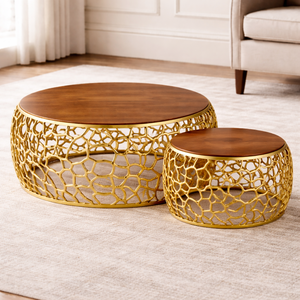 Ensemble de table basse moderne en fer avec plateau en bois, design réglable pour salon - Product Image 2