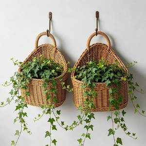Panier suspendu tissé à la main, rustique, à fixer au mur, écologique, multifonctionnel, organisateur de rangement, panier en osier plastique pour la maison - Product Image 1