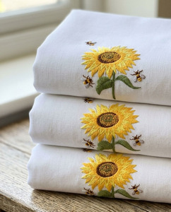 Wholesale Handmade Custom White Cotton Guest <b>Towel</b> Embroidered Sunflower <b>Bee</b> Hemstitch <b>Tea</b> Napkin Machine Washable Airplane Home - Product Image 2