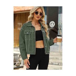 Veste en cuir de vachette à rivets style punk pour femme, col rabattu, coupe ajustée, décontractée, respirante, coupe-vent, style motard, pour l'automne - Product Image 5