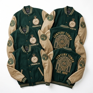 Blouson universitaire en laine vert forêt avec broderie d'arbre de Ginkgo biloba fossilisé et manches en cuir crème – Vente en gros - Product Image 5