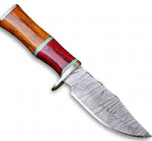 Cuchillo de Camping Personalizado Hecho a Mano de Acero de Damasco con Mango de Madera Multitono y Refuerzo de Acero, Hoja Fija - Product Image 2