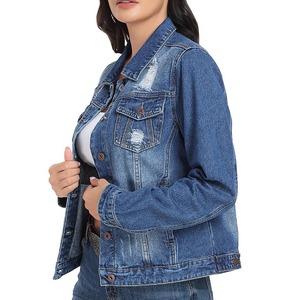 OEM Women's Denim Jackets Casual Winter Breathable Cotton Button up <b>Stand</b> Collar Front Logo Oversize for Ladies - Product Image 2