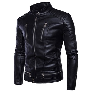 Veste de moto slim fit en cuir PU noir pour homme, col à fermeture éclair intégrale, manches classiques, style automne - Product Image 2