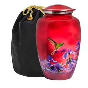 Urne funéraire en métal écologique pour cendres humaines, motif colibri rouge royal et fleur d'iris, avec sac en velours noir - Product Image 1